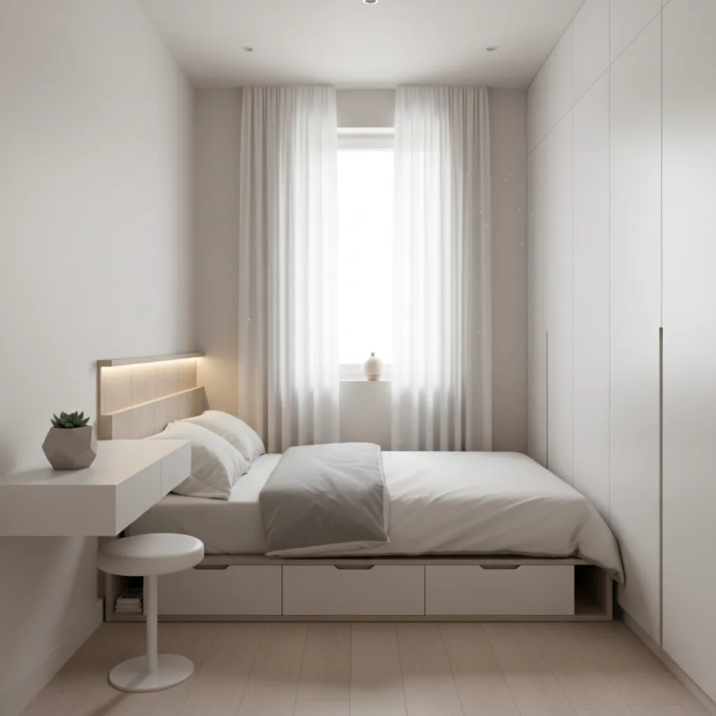 Small minimalist bedroom featuring white bed with storage drawers wardrobe desk and bright white curtains
