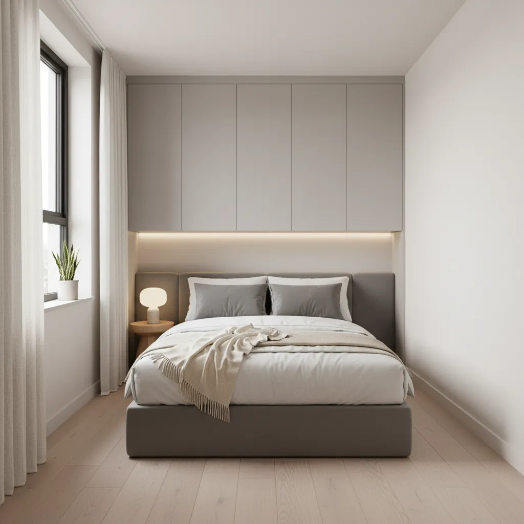 Modern minimalist bedroom with grey bed white walls wooden floor and storage cabinets above headboard