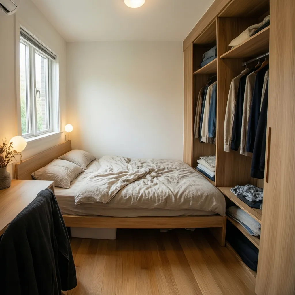 Small bedroom with wooden bed, large open wardrobe, desk, window, wall light, and wood floor