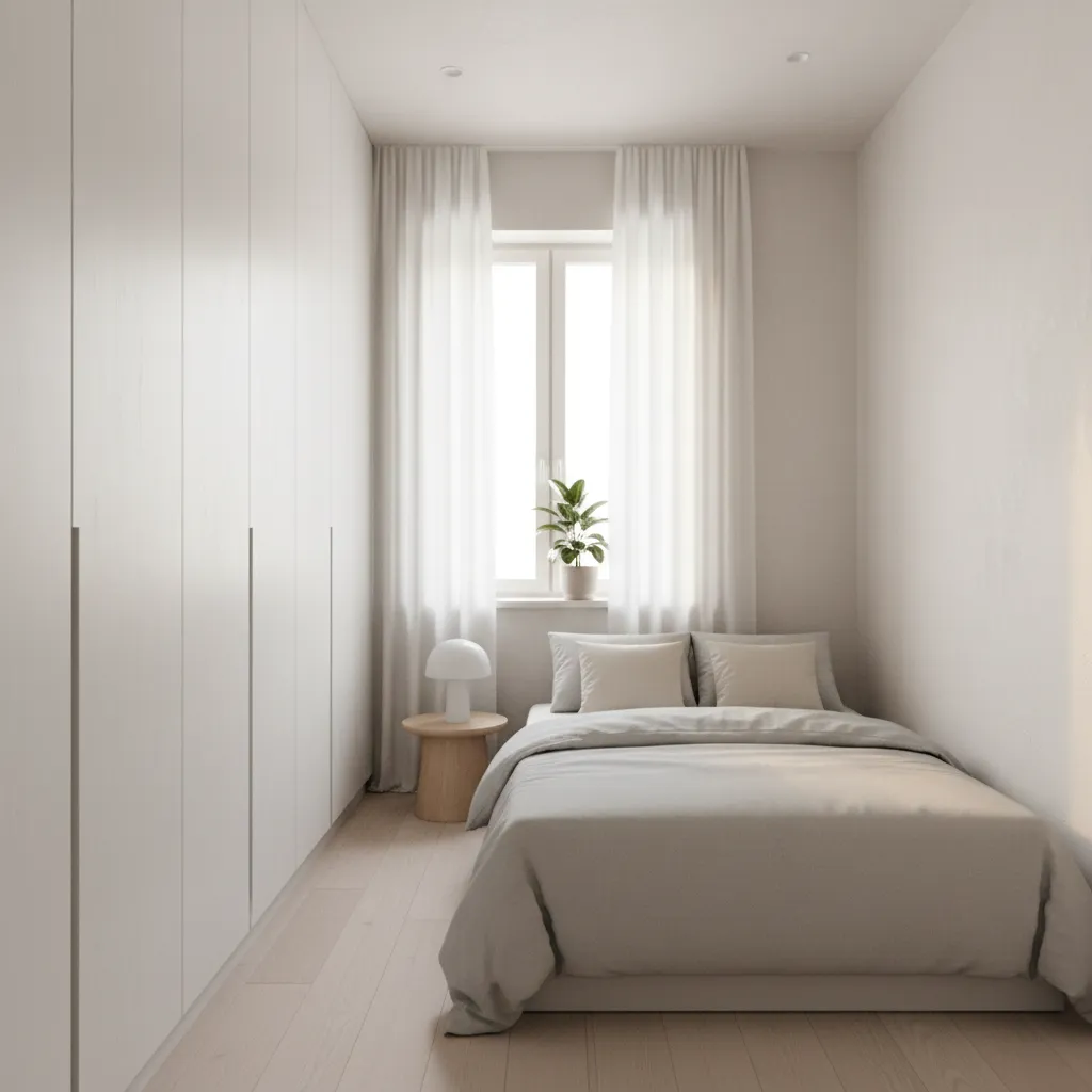 Minimalist white bedroom with large wardrobe, grey bed, wooden side table, lamp, plant, window, curtains