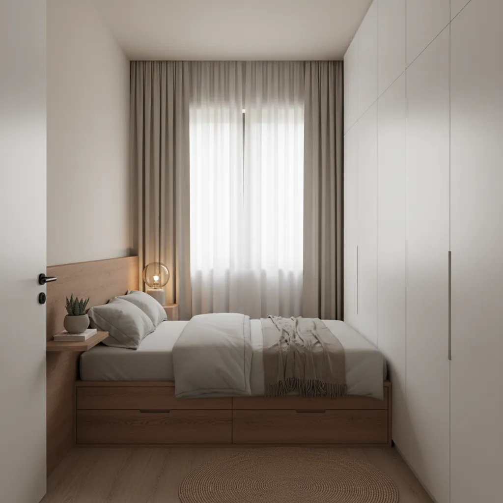 Small bedroom featuring wooden bed with storage white tall wardrobe window with curtain warm light