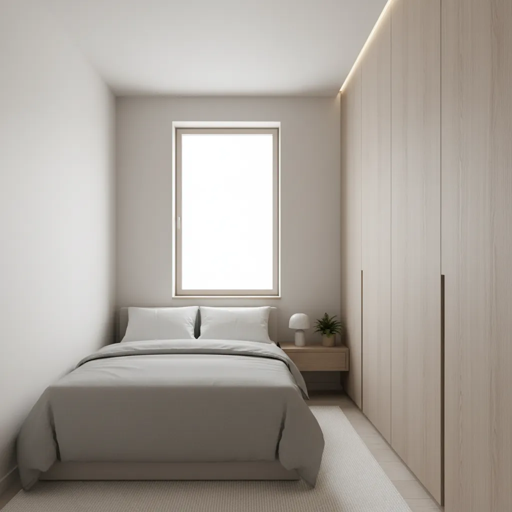 Small minimalist bedroom with grey bed white walls wooden cabinet bedside table lamp and window