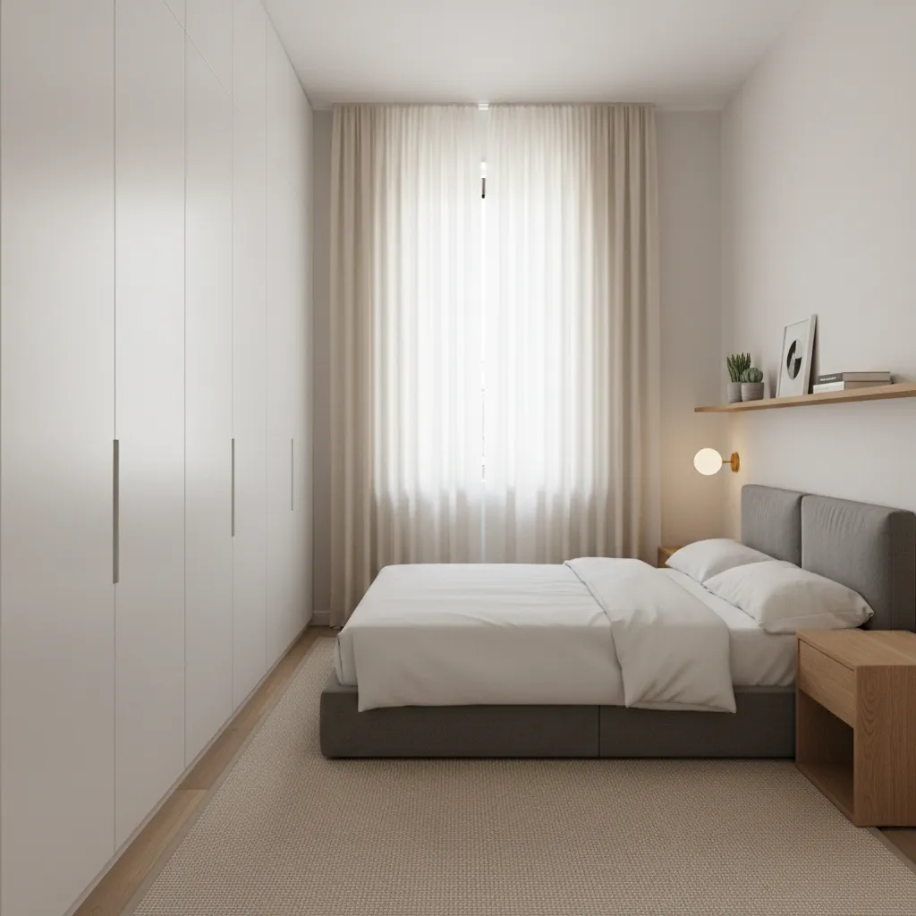 Minimalist white bedroom with large wardrobe grey bed wooden nightstand wall light and soft curtains
