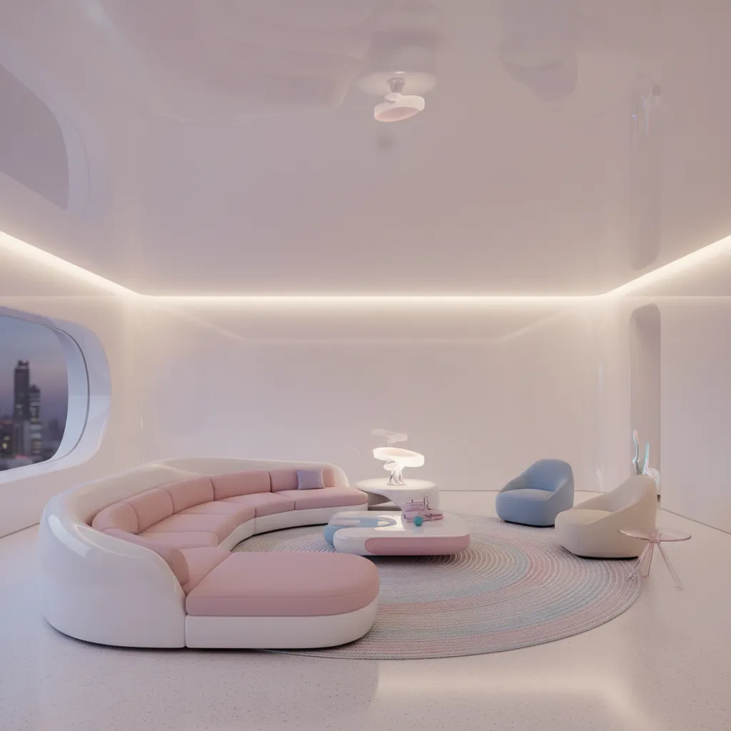 Futuristic white living room featuring curved pink sofa round colorful rug and white ceiling light