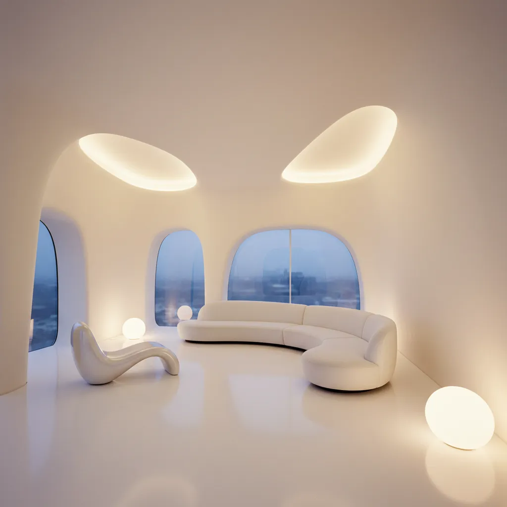 Interior con muebles curvos y formas orgánicas inspirado en Karim Rashid