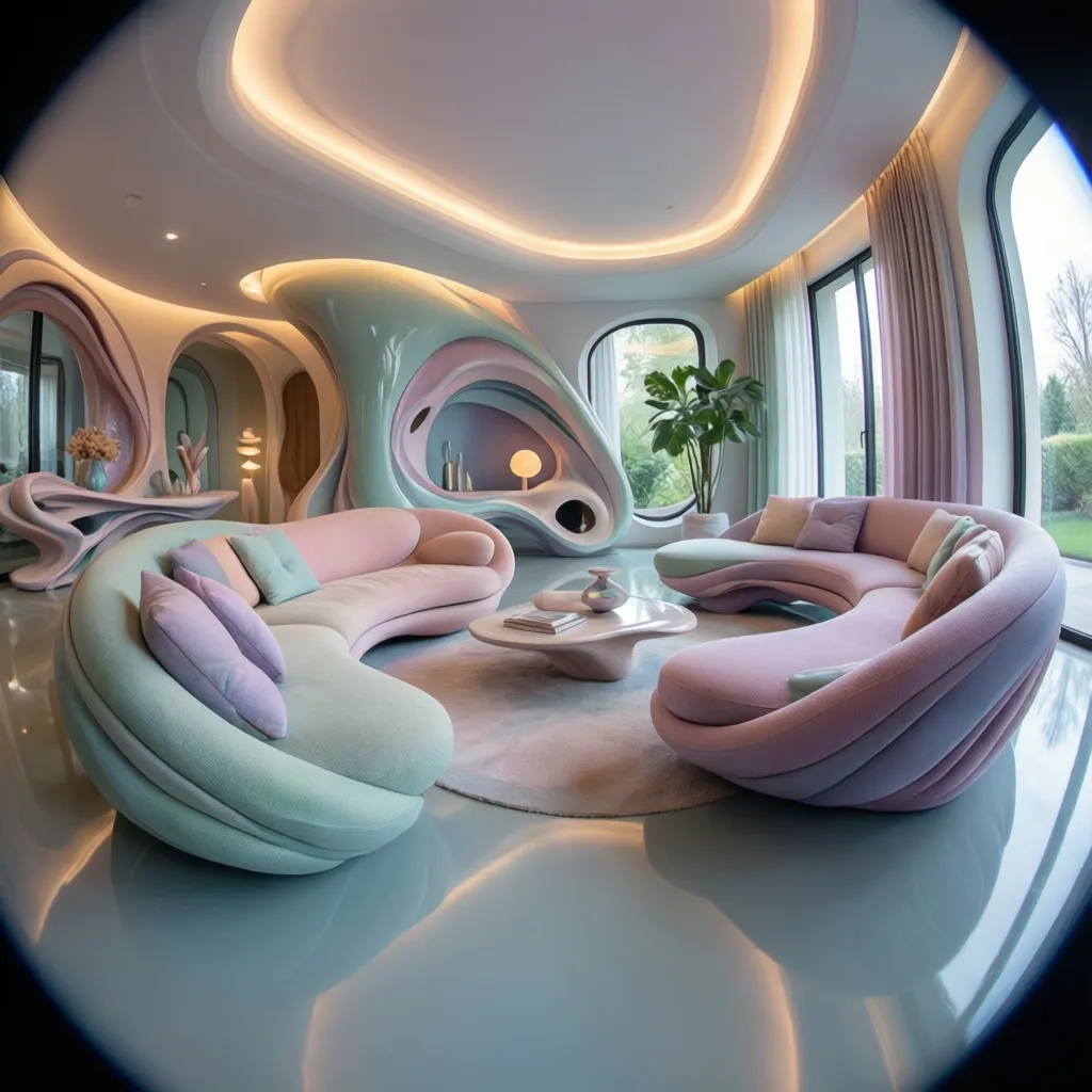 Futuristic living room with curved pastel sofas, organic wall shapes, soft ceiling light, and windows