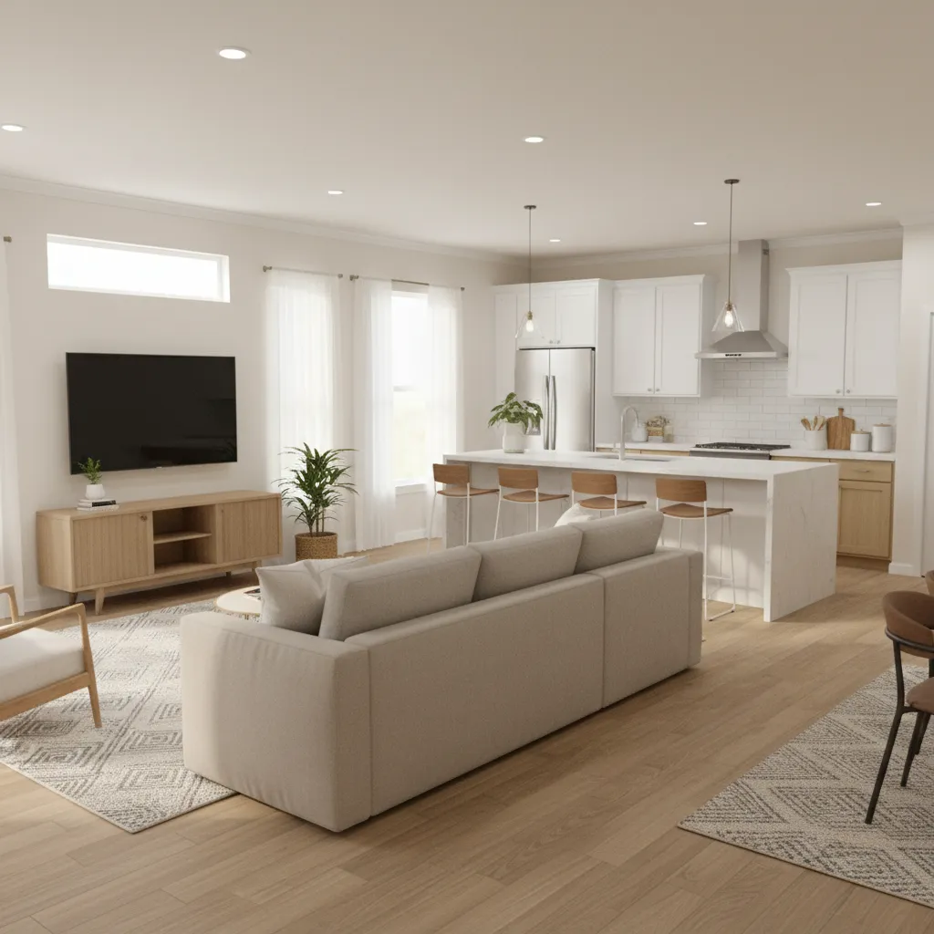 Open living room and kitchen area inside a modern manufactured home floor plan