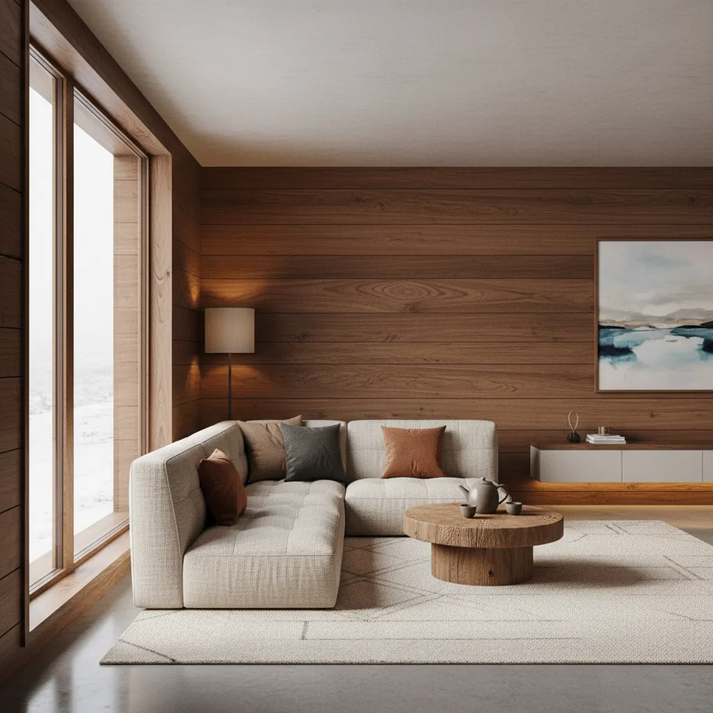 Living room in Kashmir home with warm wooden wall paneling