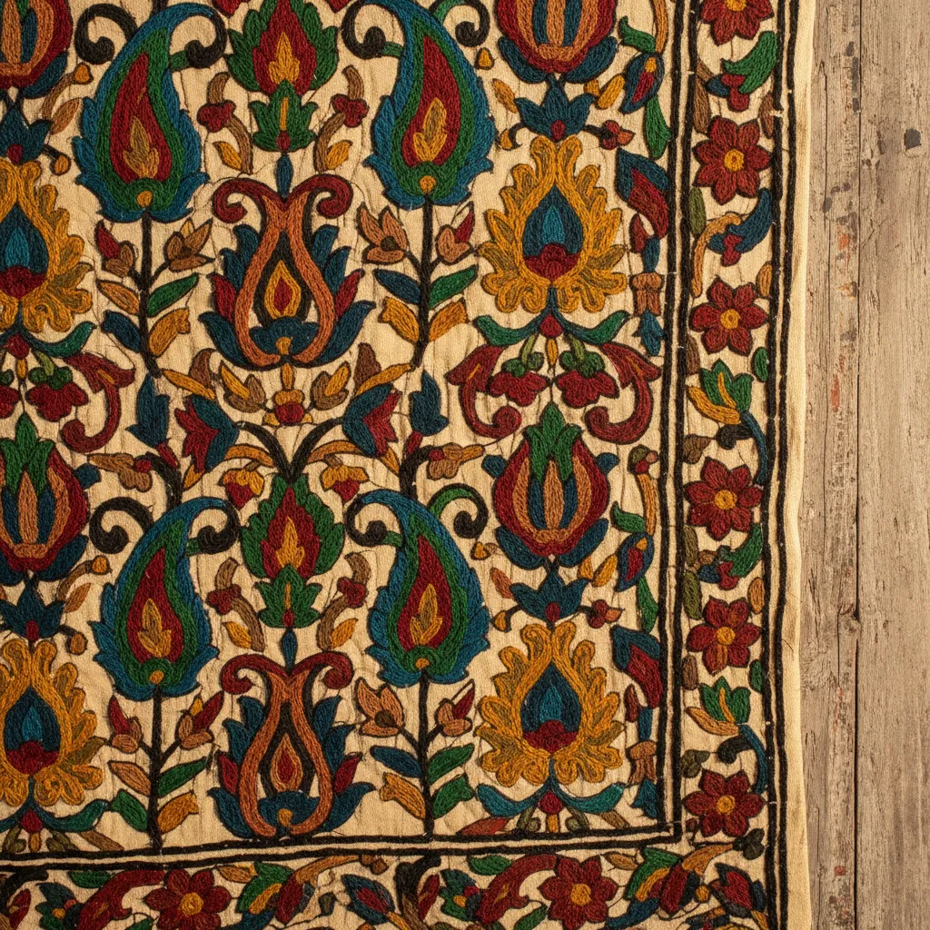 Close view of handmade Kashmiri crewel embroidery wall hanging textile