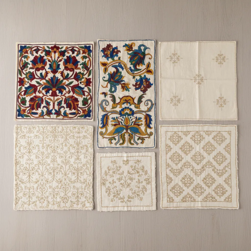 Different Kashmiri embroidery styles including crewel and chain stitch on fabric