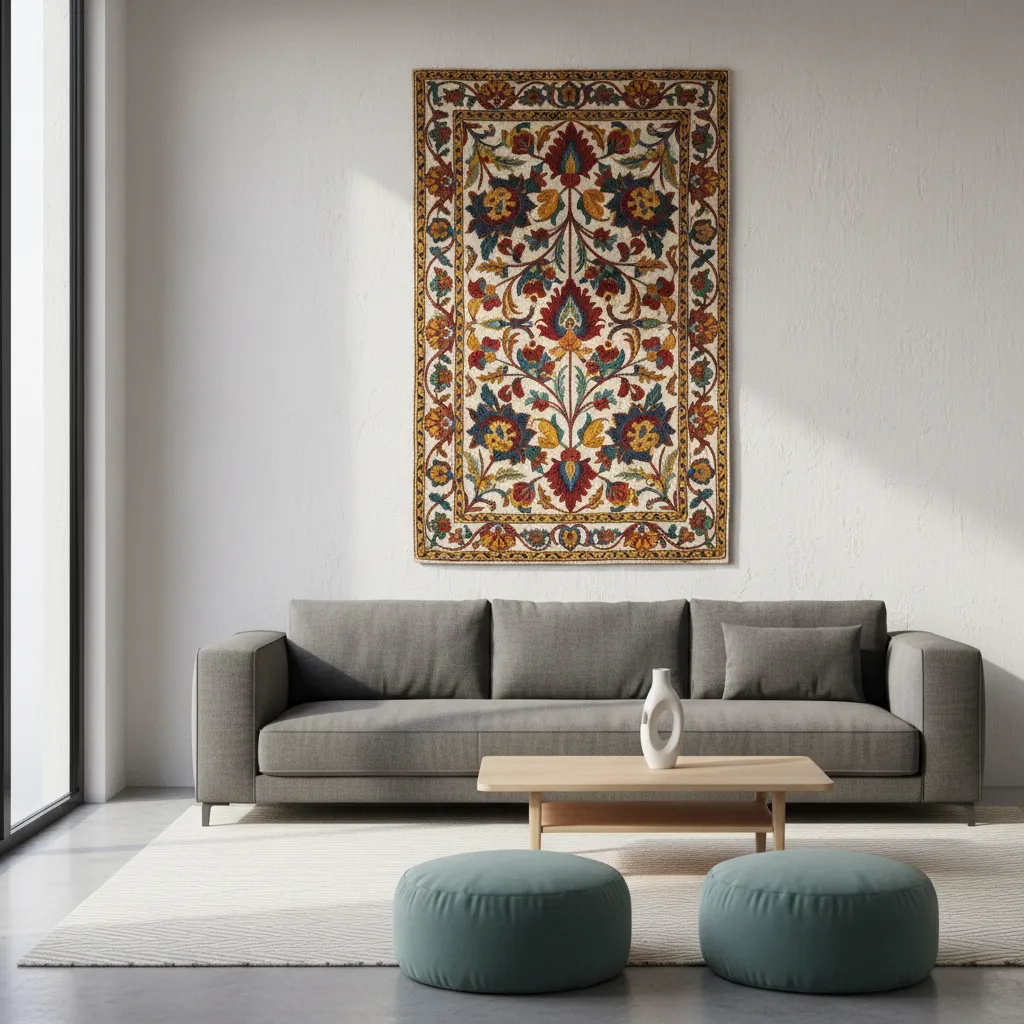 Traditional Kashmiri embroidered textile hanging on a living room wall