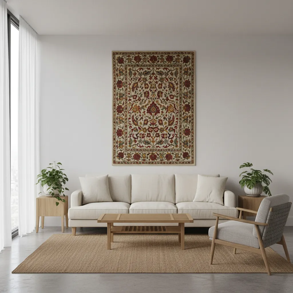 Kashmiri textile wall hanging placed above sofa in living room