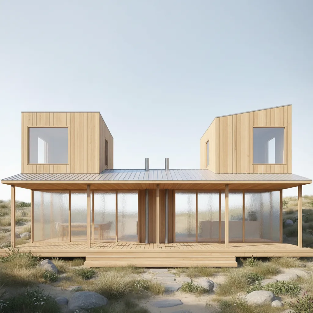 Modern wooden house interior design drawing with large glass windows and light wood walls outside