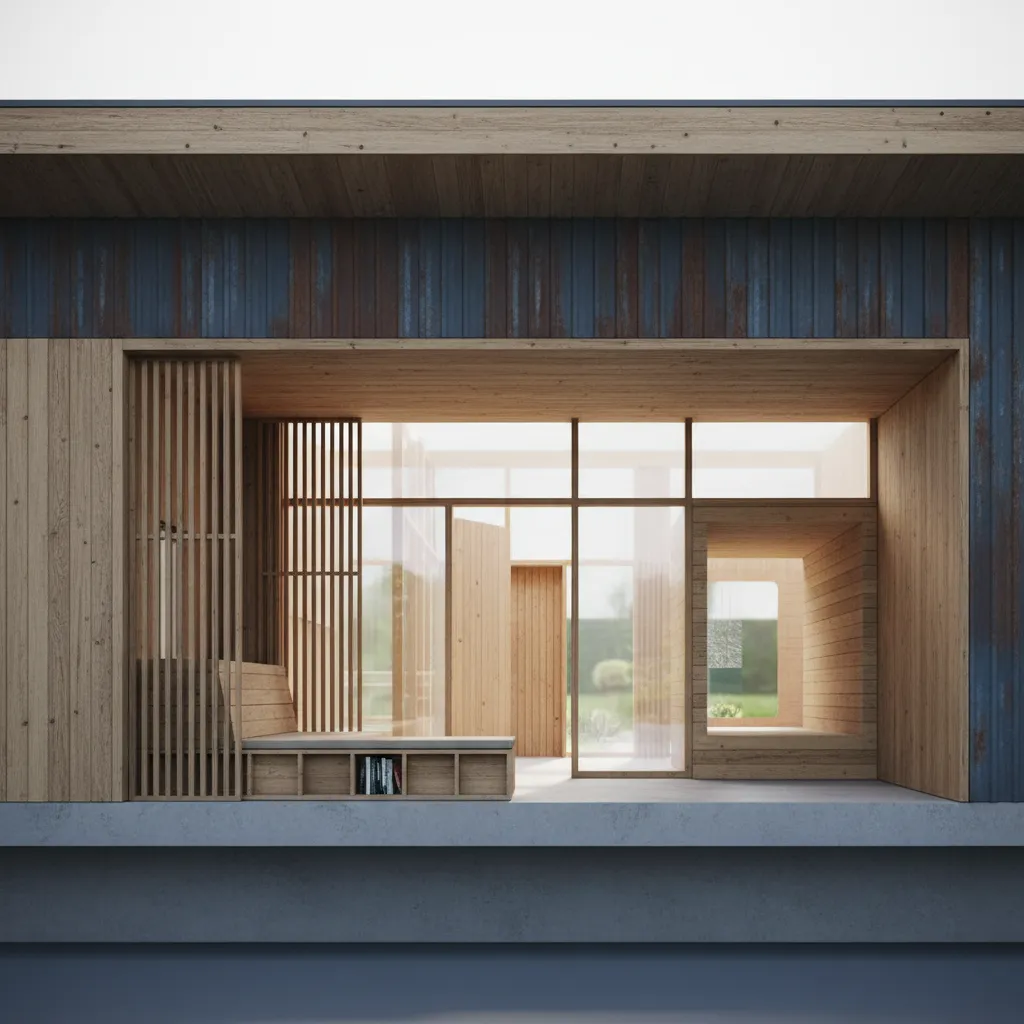 Modern exterior wood structure with large glass windows and integrated outdoor seating area on stone floor