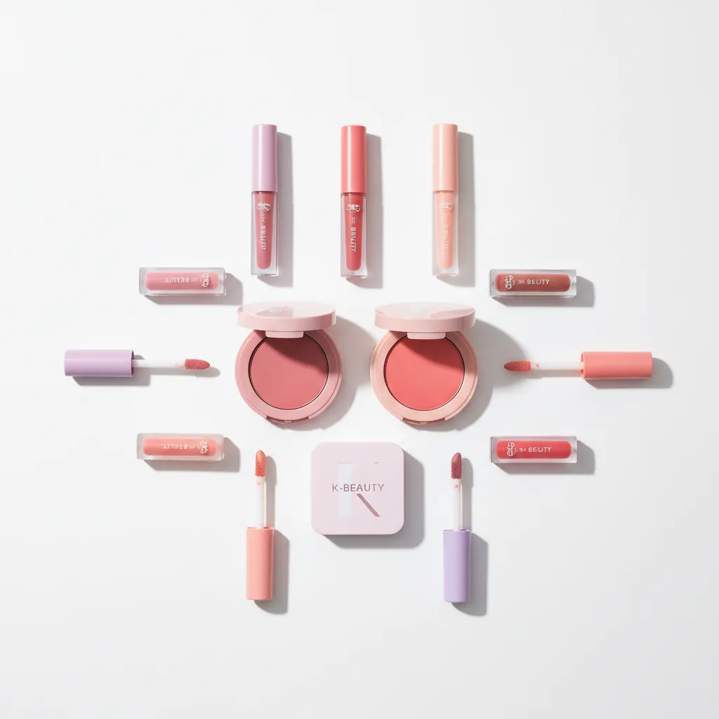 Flat lay of cruelty free Korean makeup products including lip tints and blush