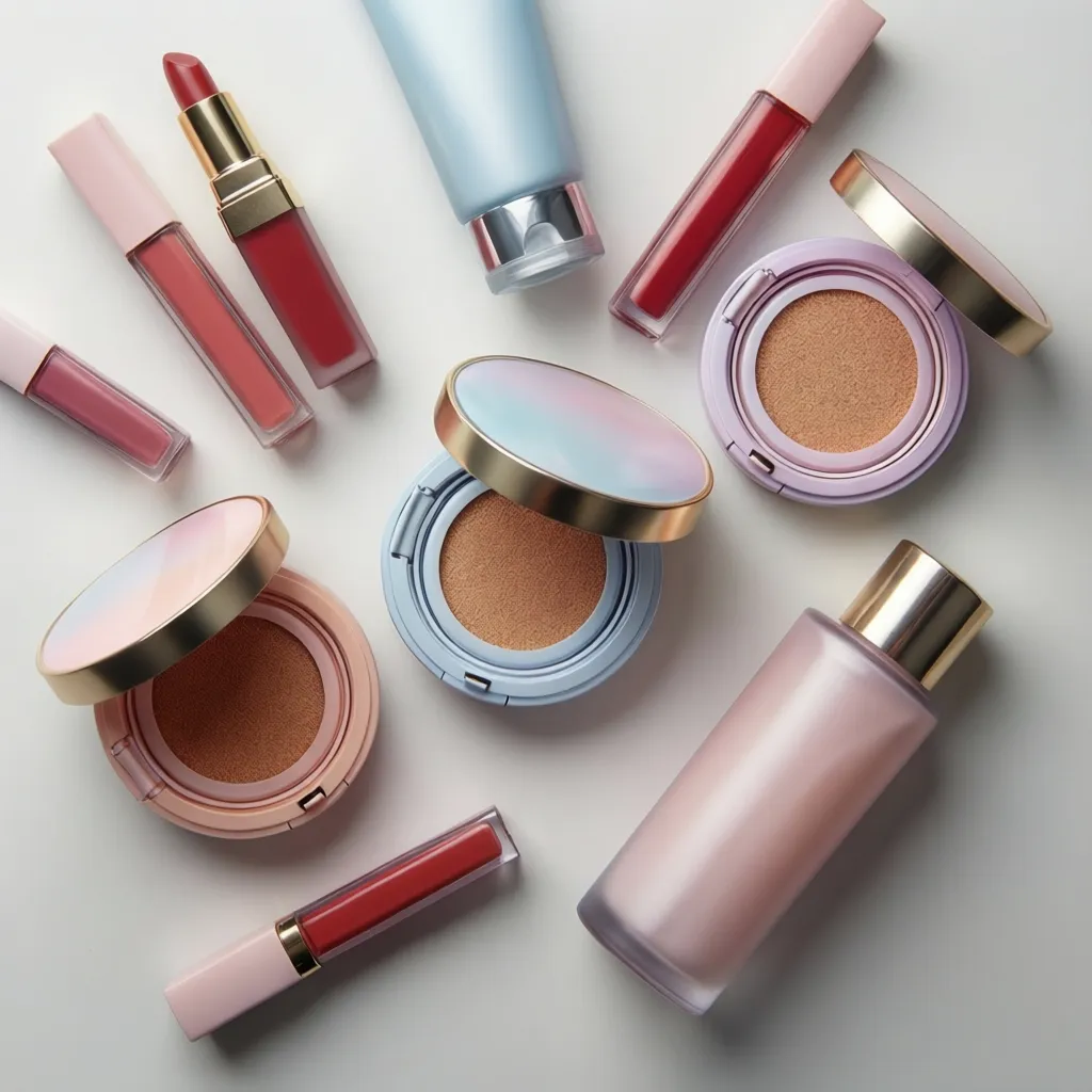 Flat lay of Korean makeup products representing cruelty free beauty discussion