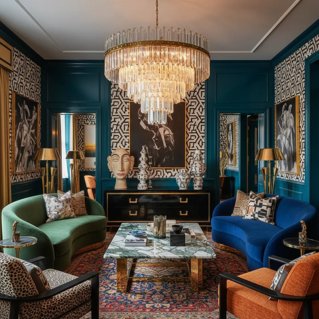 Salón de lujo con estilo maximalista inspirado en Kelly Wearstler