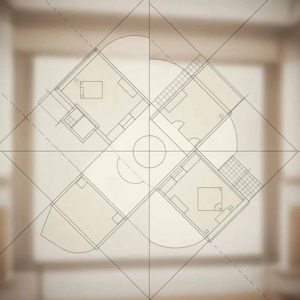 Interior design drawing showing room layout with four rooms arranged around a small central circle