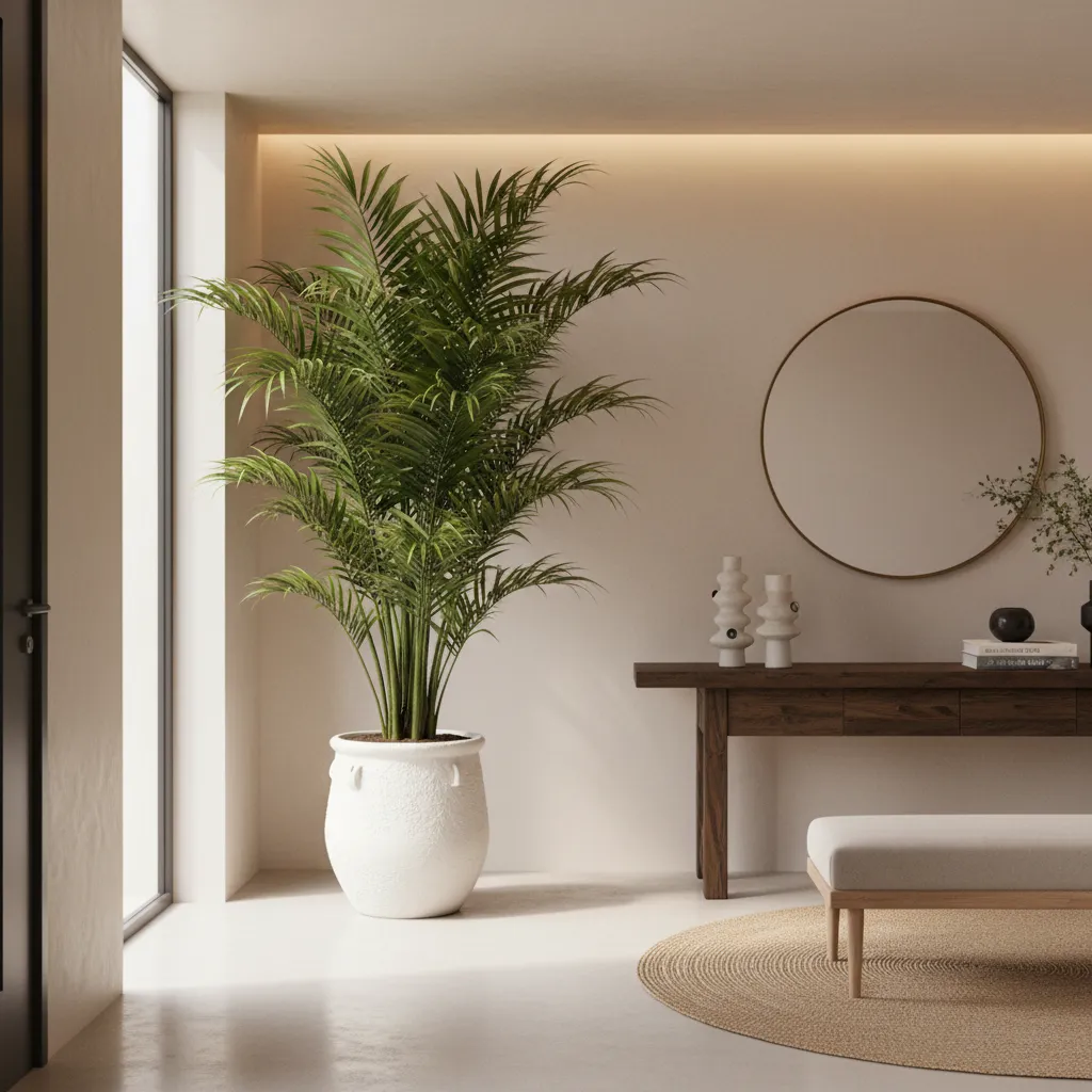 Palmera kentia decorando la entrada de una casa