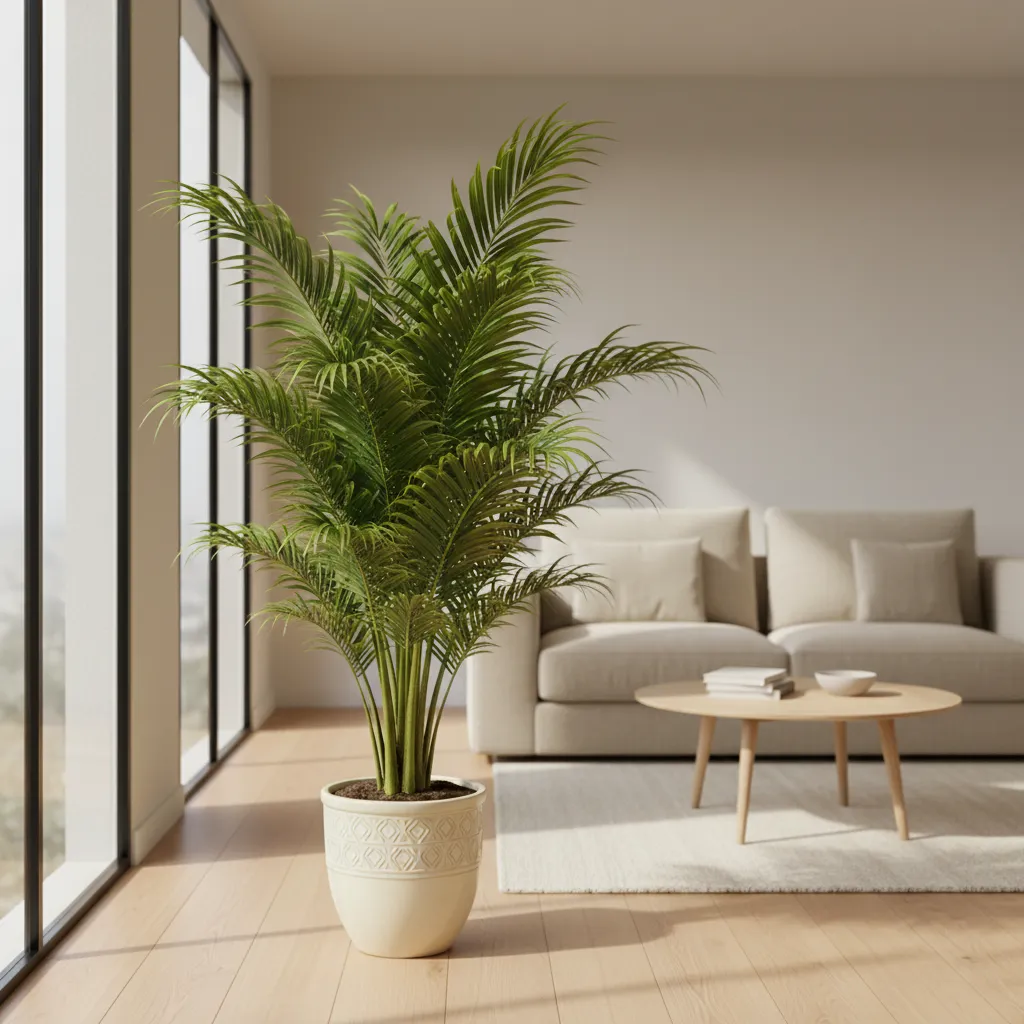 Palmera kentia decorando una esquina luminosa del salón