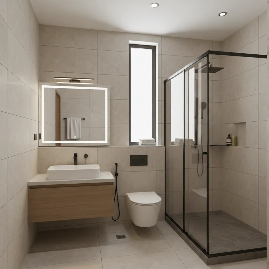 Compact apartment bathroom layout in Kerala with wall mounted fixtures