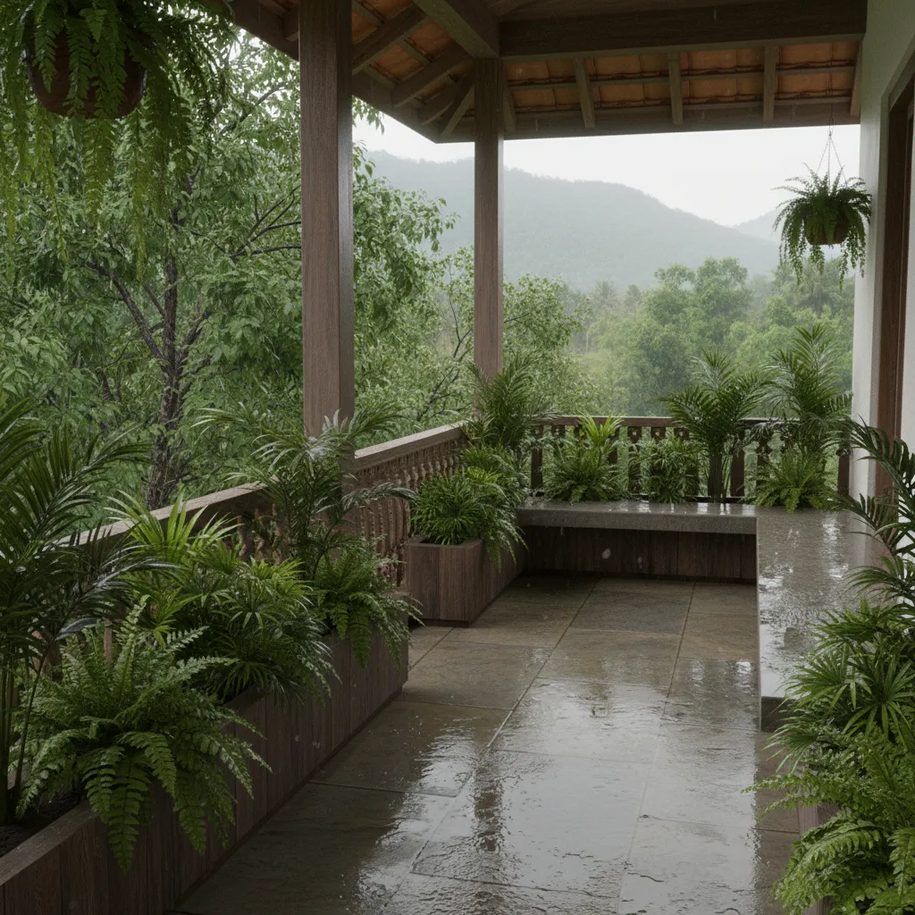 Kerala balcony with organized planter boxes and tropical plants
