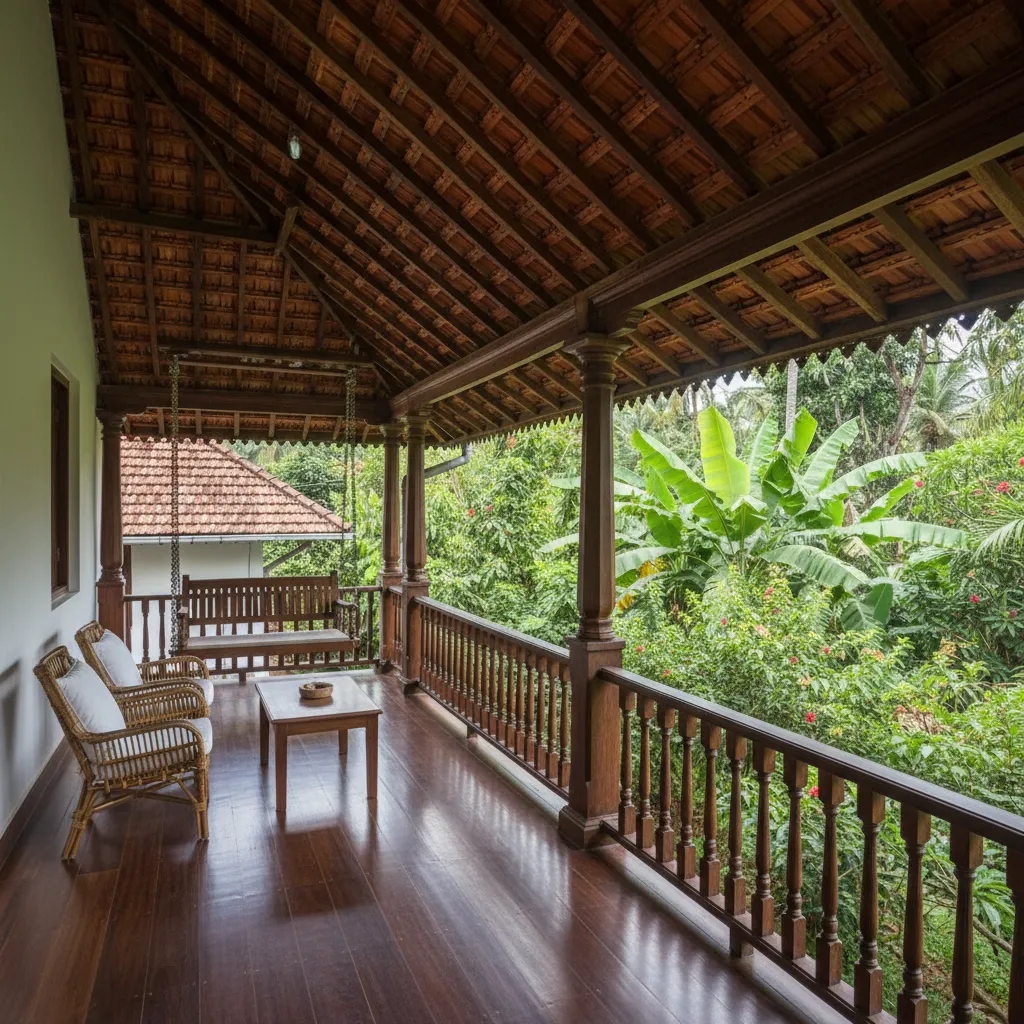 Traditional Kerala house balcony veranda with wooden railing and tiled roof