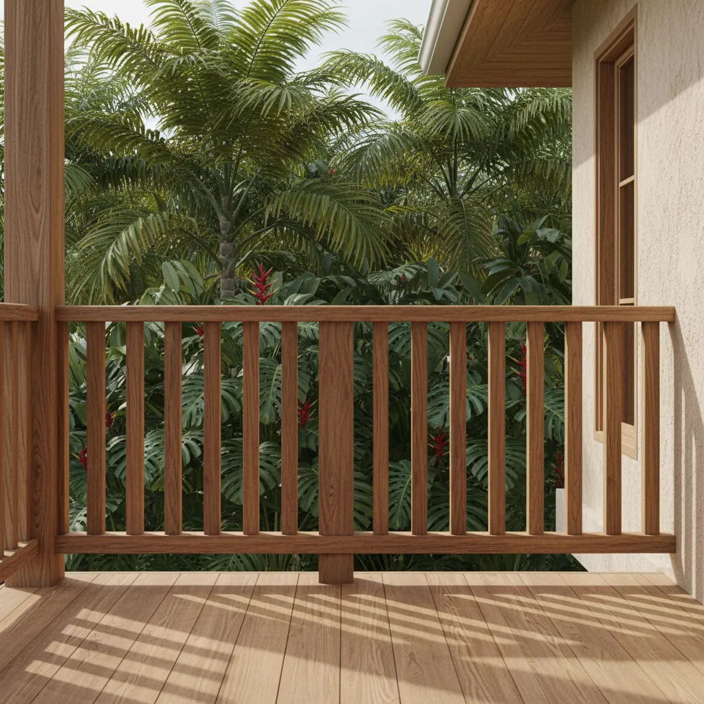 Kerala style wooden balcony railing with vertical balusters