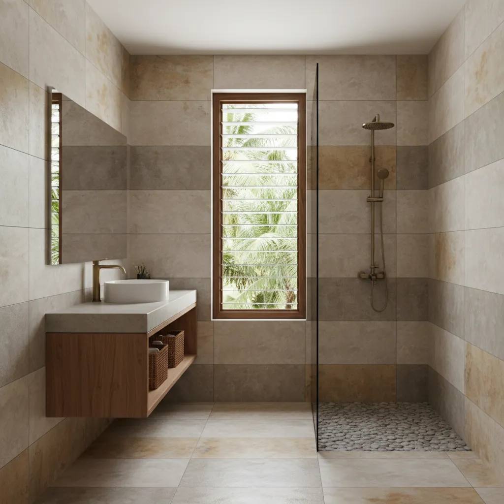 Example Kerala bathroom interior designed with moisture resistant materials