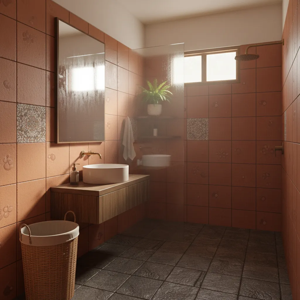 Kerala bathroom showing humidity condensation on tiles and mirrors