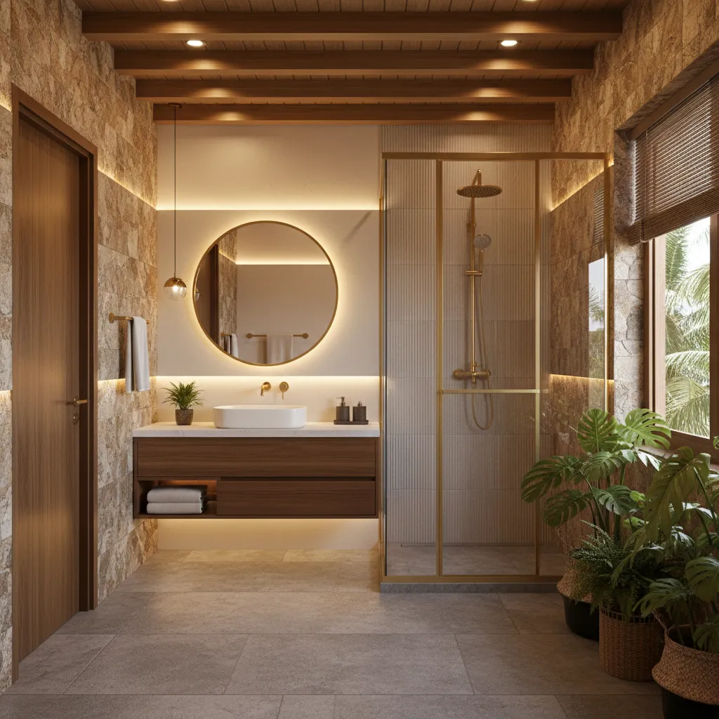 Hybrid Kerala bathroom combining modern fixtures and traditional textures
