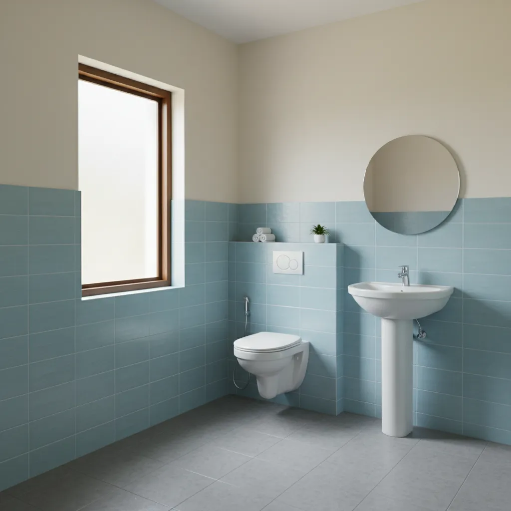 bathroom with half wall tiles and painted upper wall design