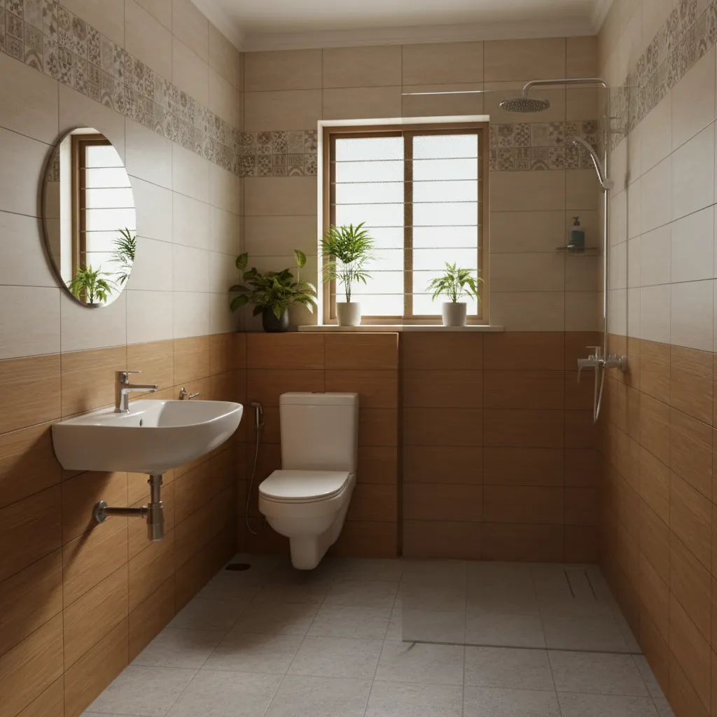 simple Kerala bathroom interior with ceramic tiles and compact layout