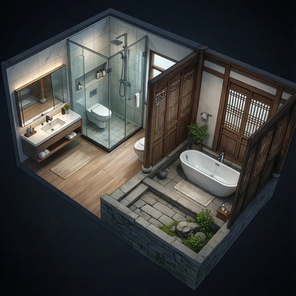 Comparison of compact modern bathroom layout and spacious traditional layout