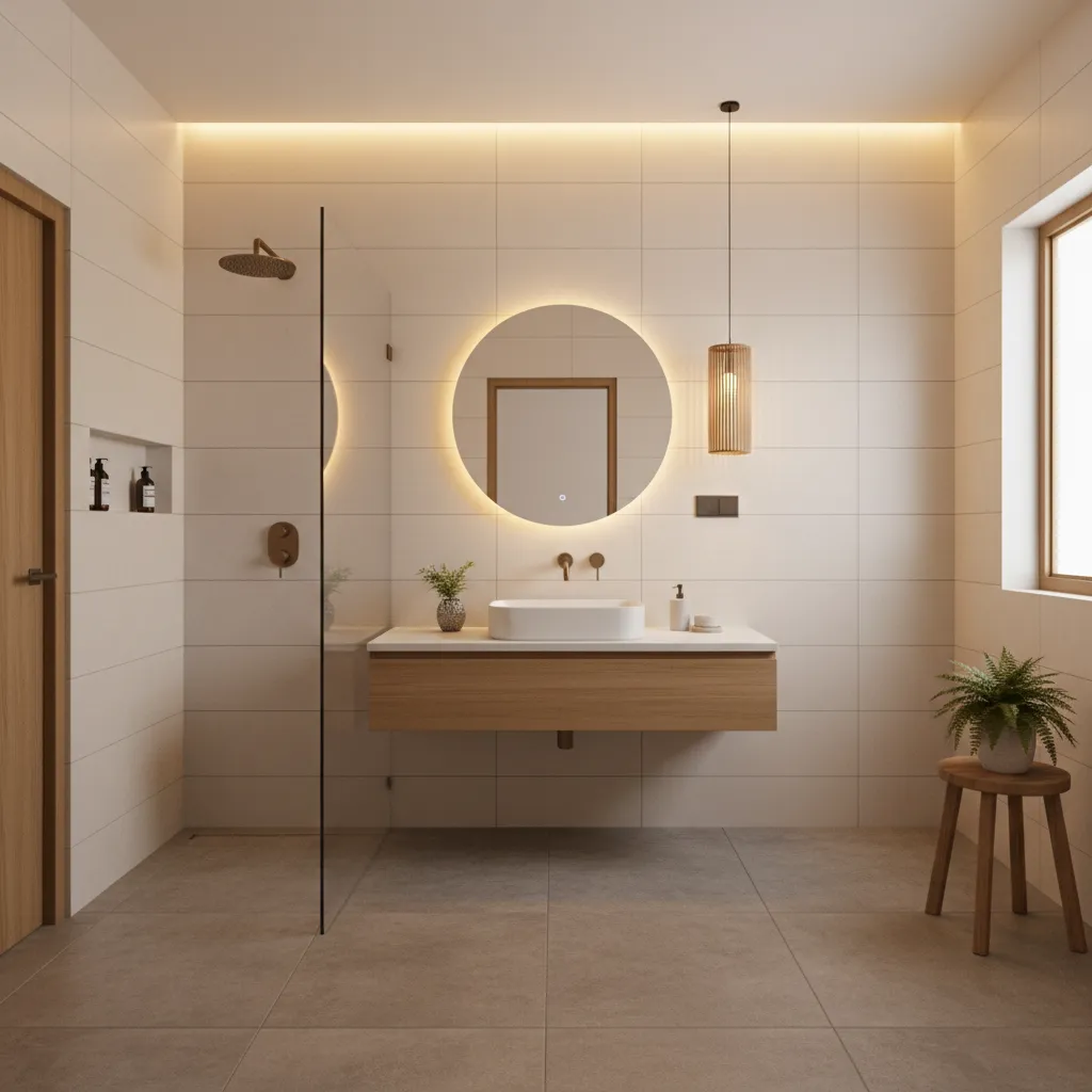 Stylish Kerala bathroom interior with light wall tiles and textured floor tiles