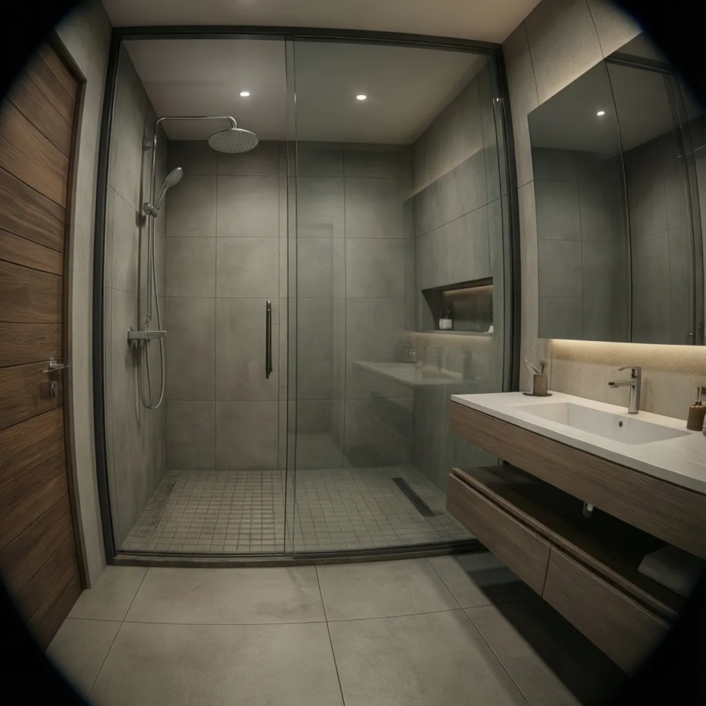 Walk in shower bathroom layout common in Kerala houses