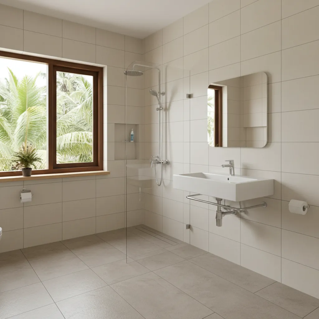 simple budget Kerala bathroom design with neutral tiles and natural light