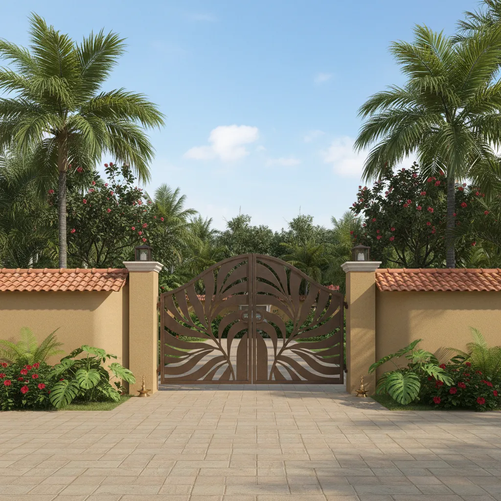 Kerala house entrance with compound wall and gate design