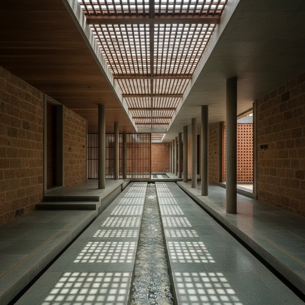Modern corridor with stone walls stone flooring water feature wooden ceiling and natural light shadows