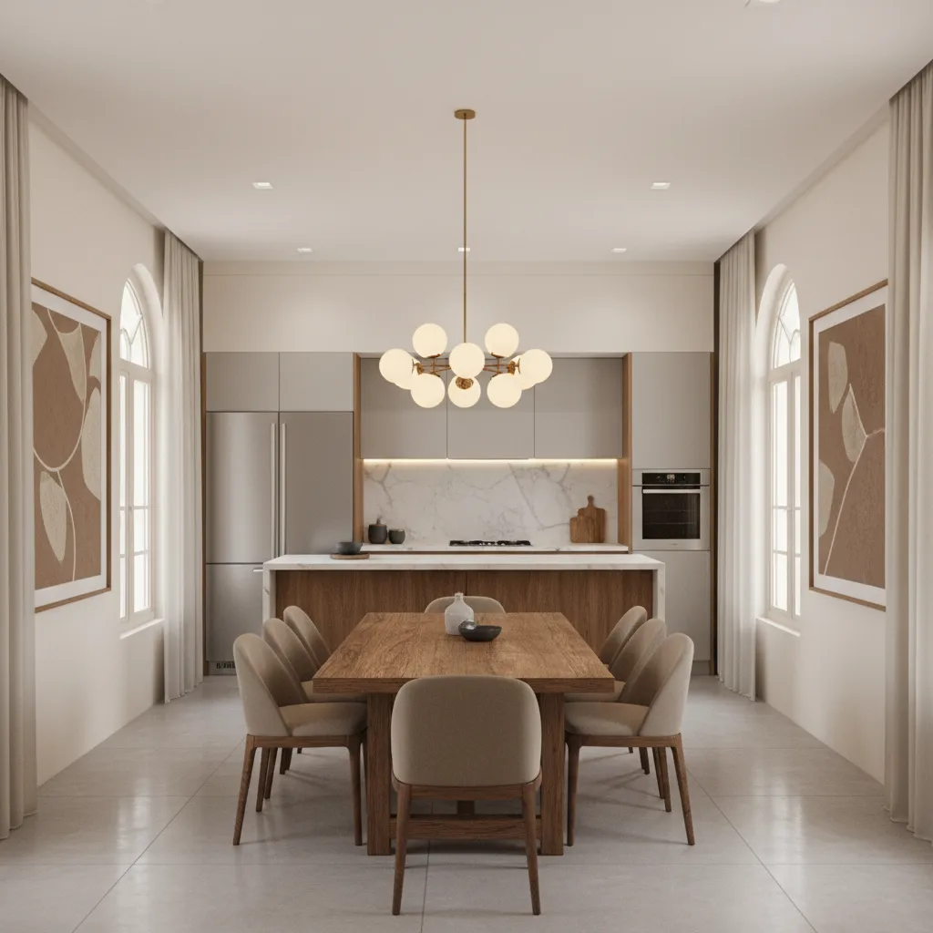 Modern dining room with wooden table and beige chairs under a large globe ceiling light fixture