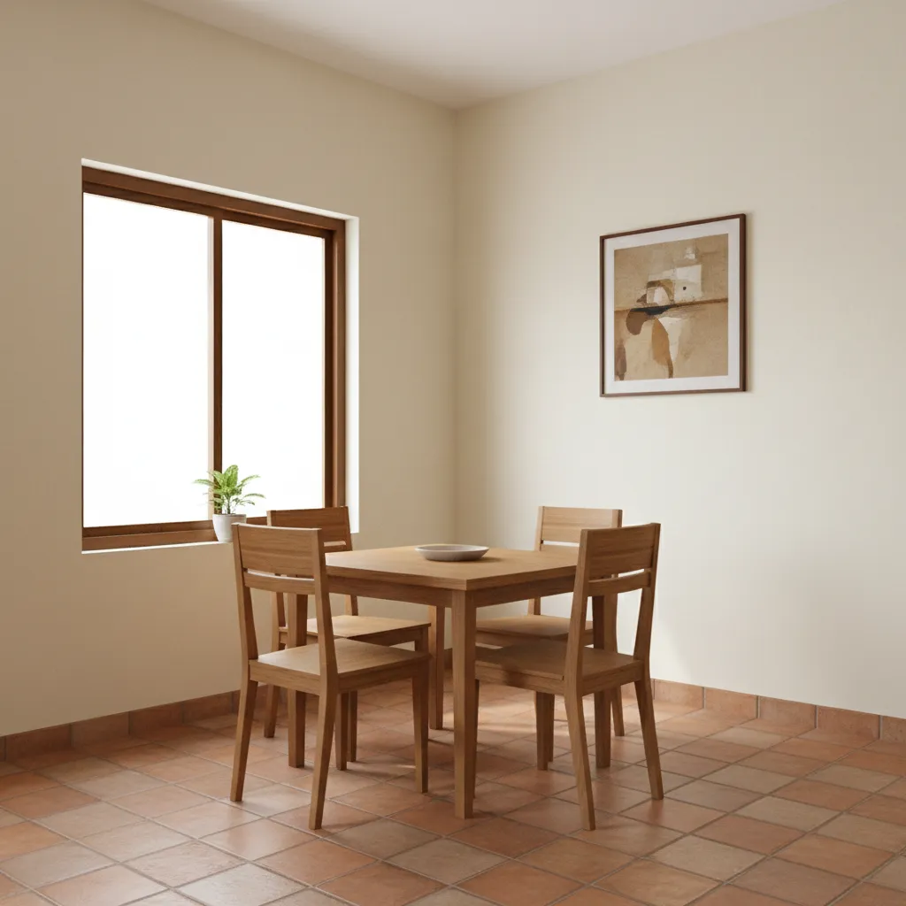 Wooden dining table and four chairs on brown tile floor next to large bright window