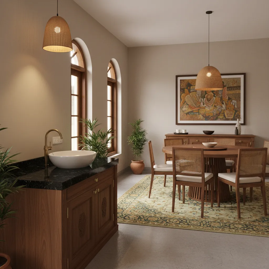 Granite countertop wash basin installed near Kerala dining area