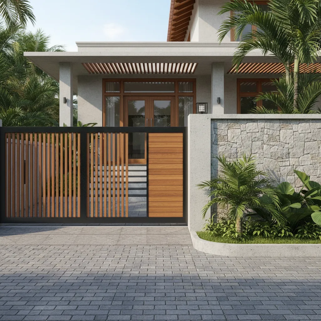 Kerala home entrance gate aligned with compound wall and house facade