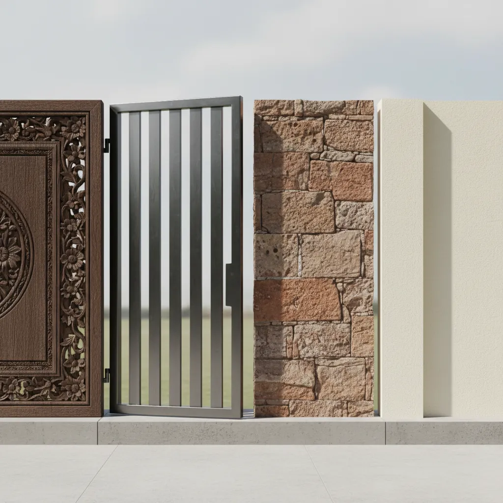 Comparison of wood steel and stone materials used in Kerala compound walls and gates