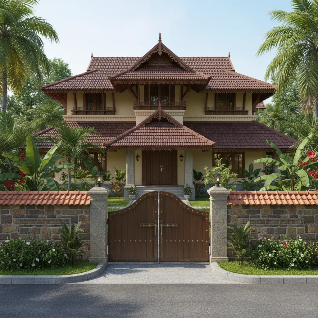 Kerala residential house with moderate compound wall height and landscaped entrance