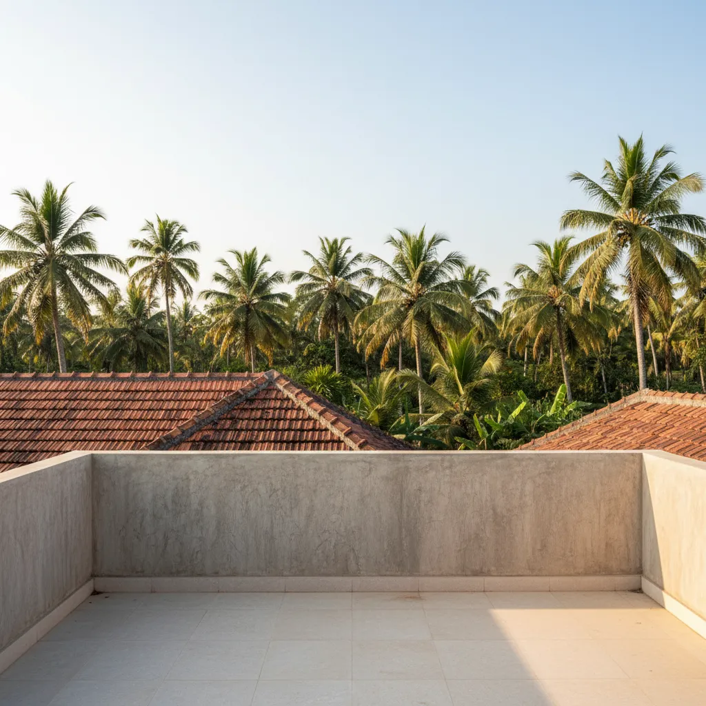 Kerala house terrace with decorative parapet wall and tropical surroundings