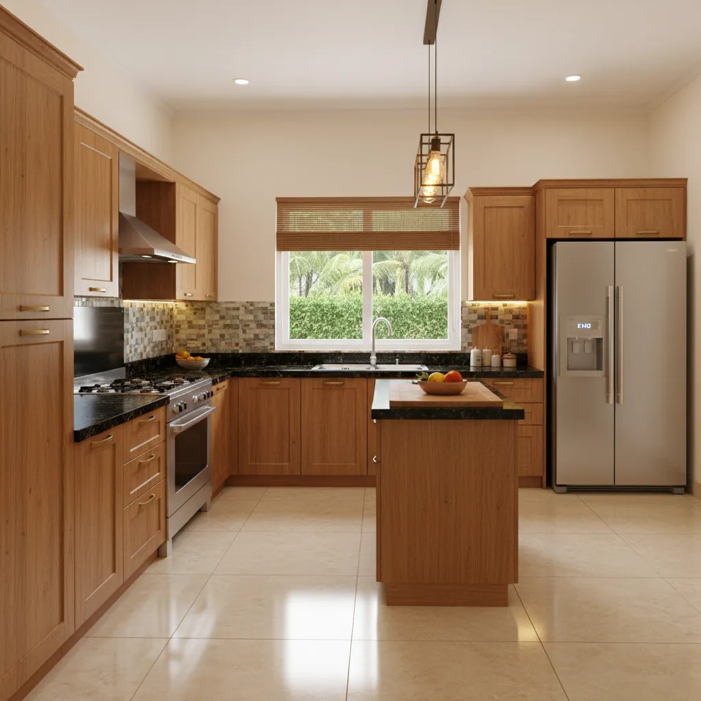 L shaped Kerala style kitchen layout with wooden cabinetry
