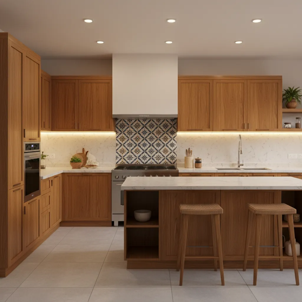 Kerala kitchen with Moroccan patterned backsplash tiles and wooden cabinets
