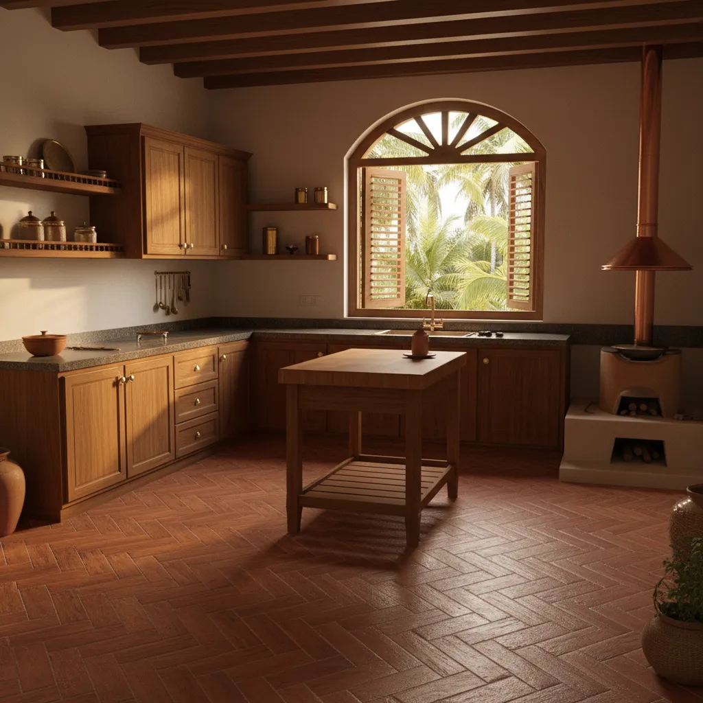 Kerala kitchen with terracotta style porcelain floor tiles