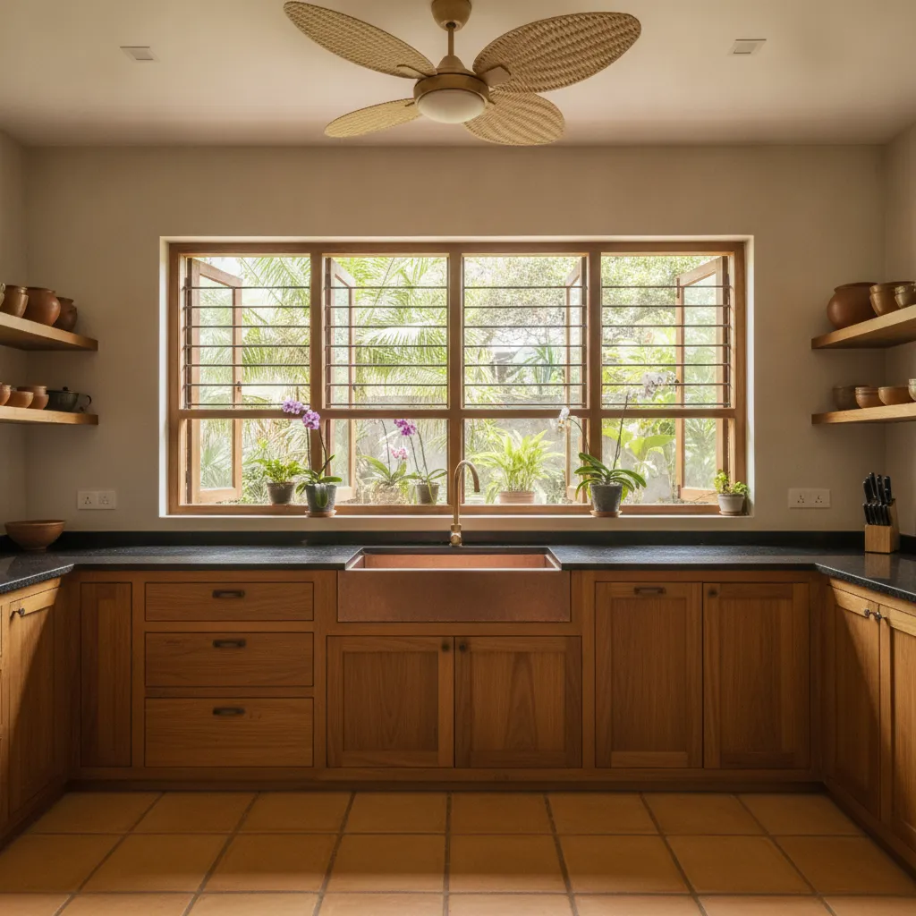 Kerala kitchen with large window ventilation and natural light